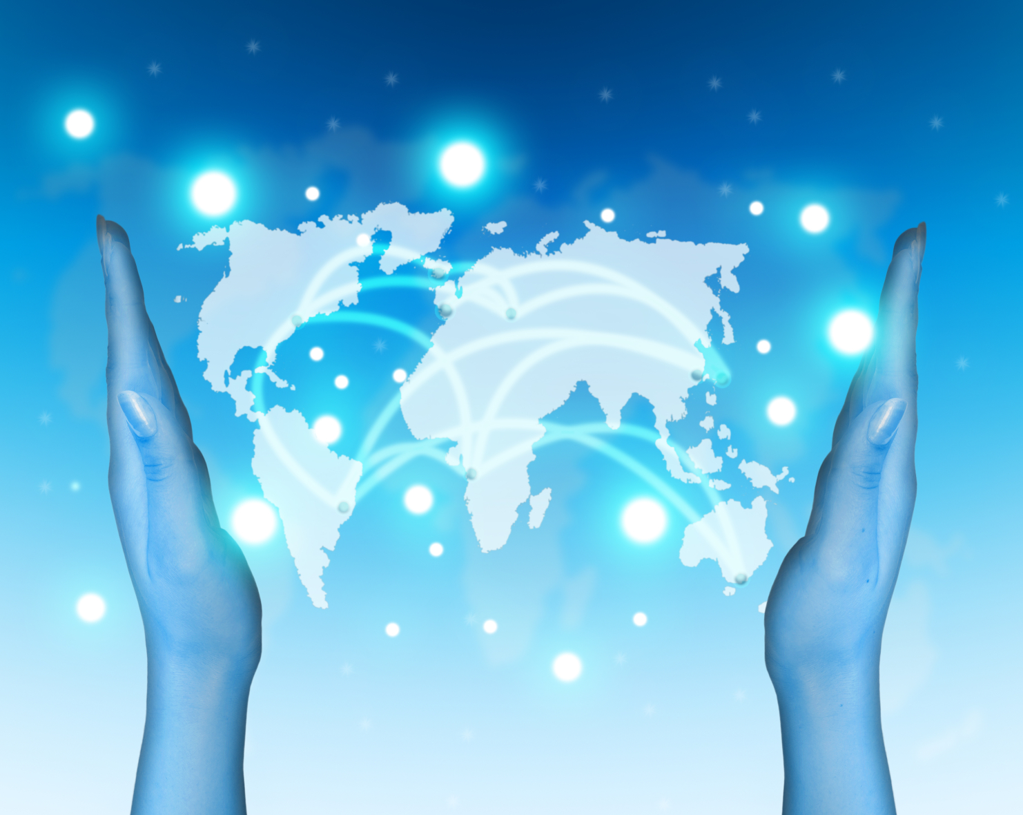 two hands held up in a helping fashion in front of a world globe